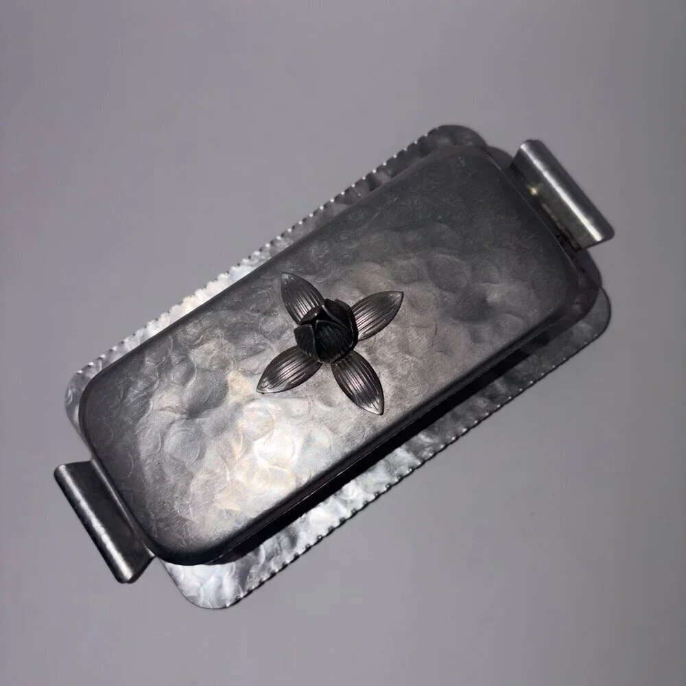 VTG Mid-Century Classic Hammered Metal Butter Dish w/ Glass Insert & Floral Lid